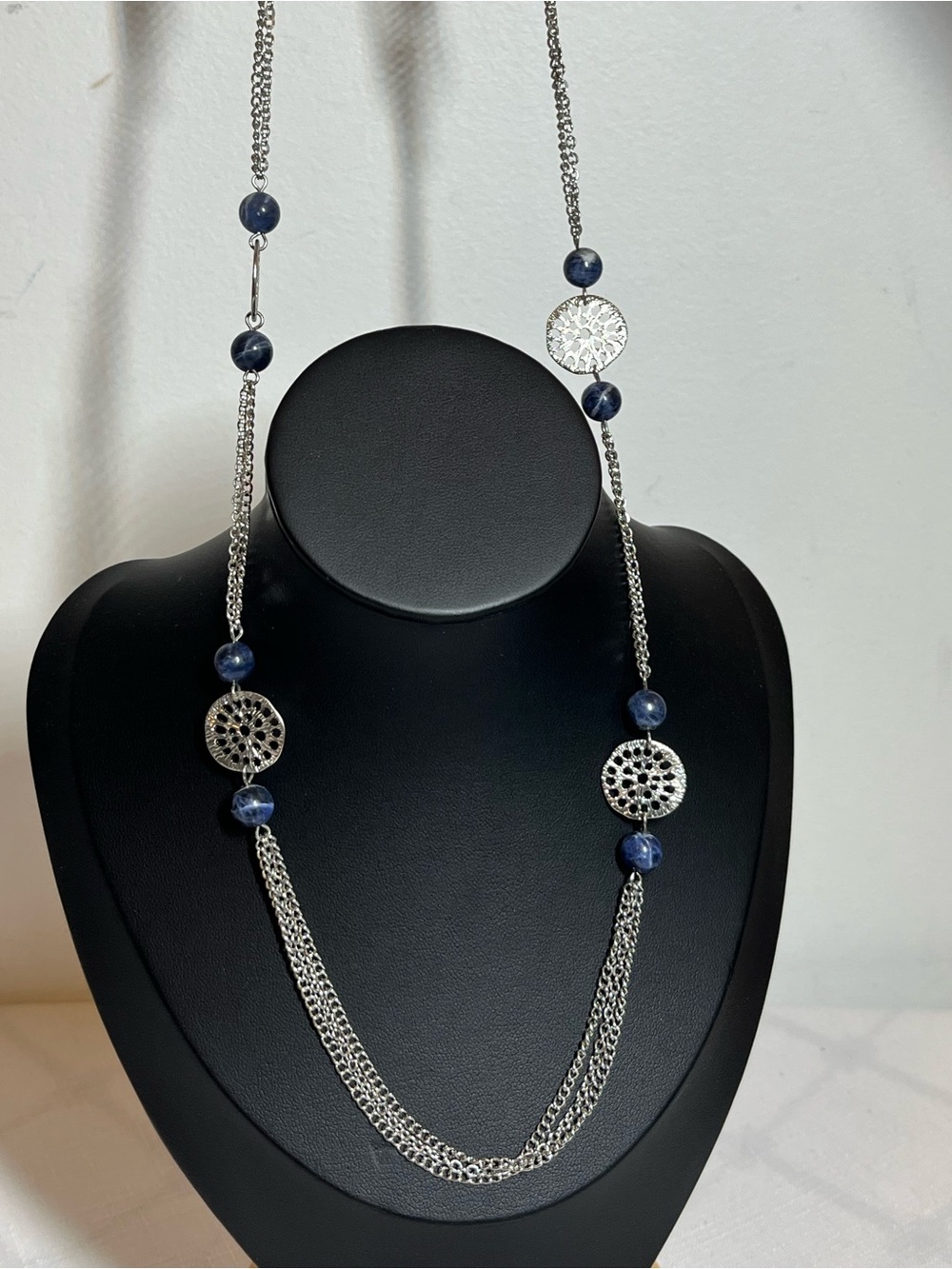 LATASIA Silver long Chain Necklace with Blue Sodalite Beads
